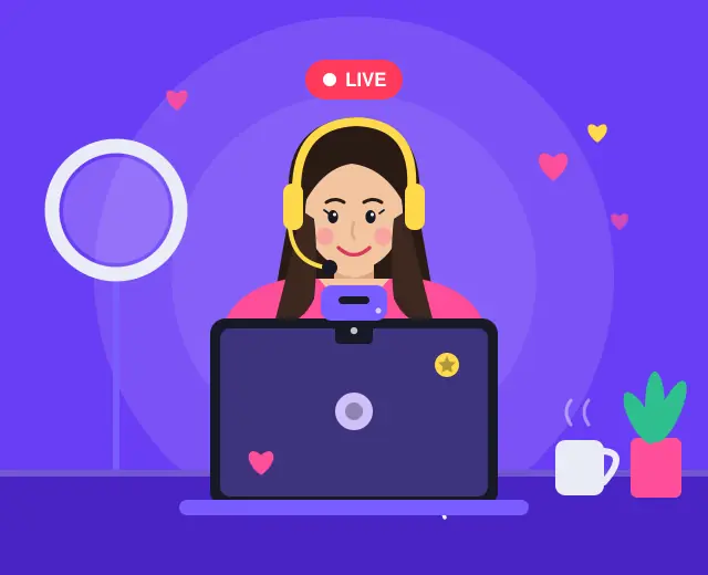 Illustration: a live camgirl with a headset in front of her laptop and webcam